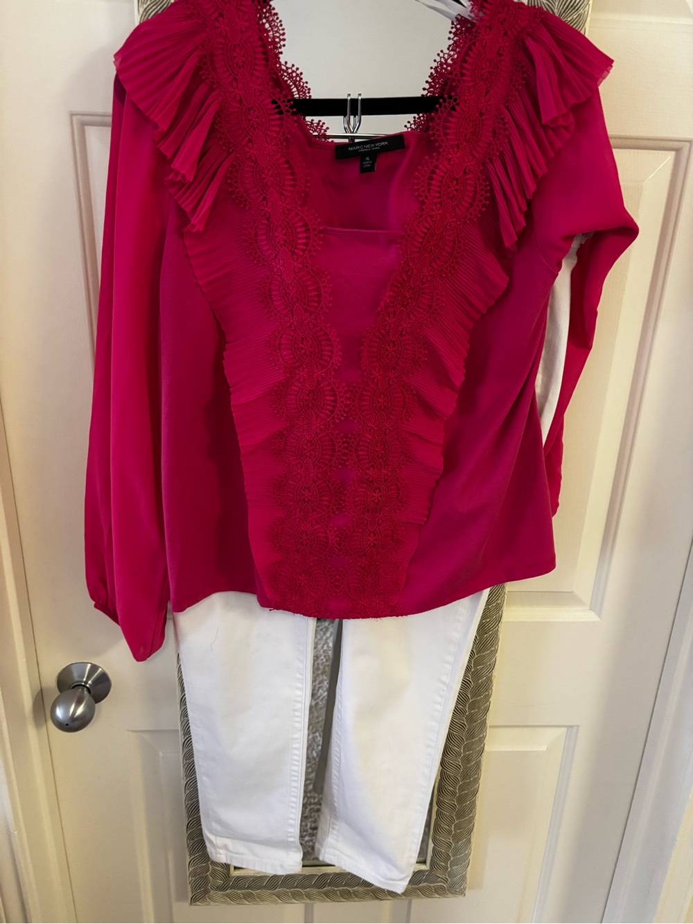 Ruffle-Front V-Neck Blouse in Fuchsia